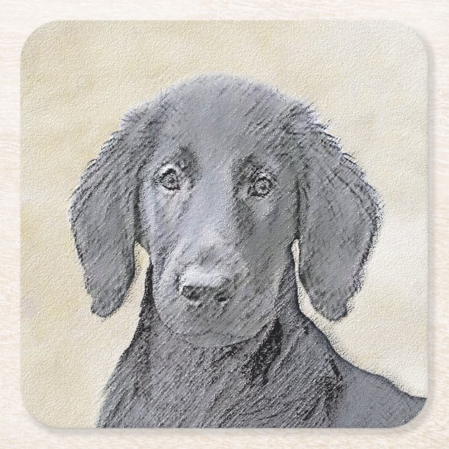 Flat-Coated Retriever Painting - Original Dog Art Square Paper Coaster (Front)