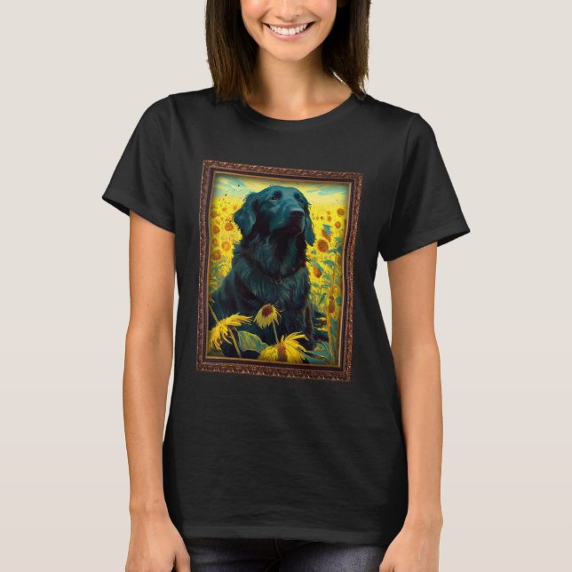 Flat Coated Retriever Painting Sunflower Flower Mo T-Shirt (Front)