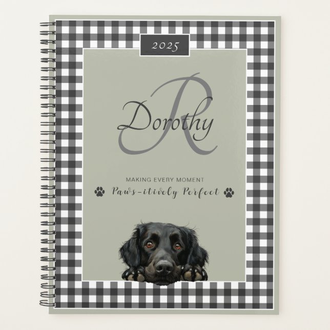 Flat Coated Retriever Sage Green Gingham Custom  Planner (Front)