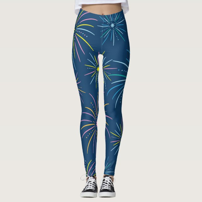 Flat Colourful New Year Fireworks Pattern - Blue Leggings (Front)