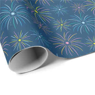 Flat Colourful New Year Fireworks Pattern - Blue Wrapping Paper