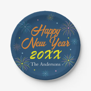 Flat Colourful New Year's Eve Party - Navy Blue Paper Plate