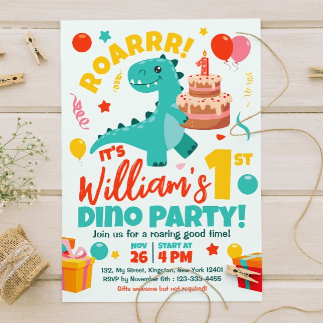 Flat Dinosaurs 1st Birthday Colourful Invitation (Creator Uploaded)