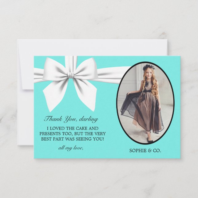 Flat Elegant Aqua Tiffany White Bow Thank You Card (Front)