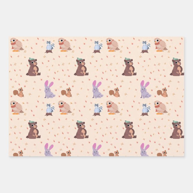 Flat fall/autumn animals pattern wrapping paper sheet (Front)
