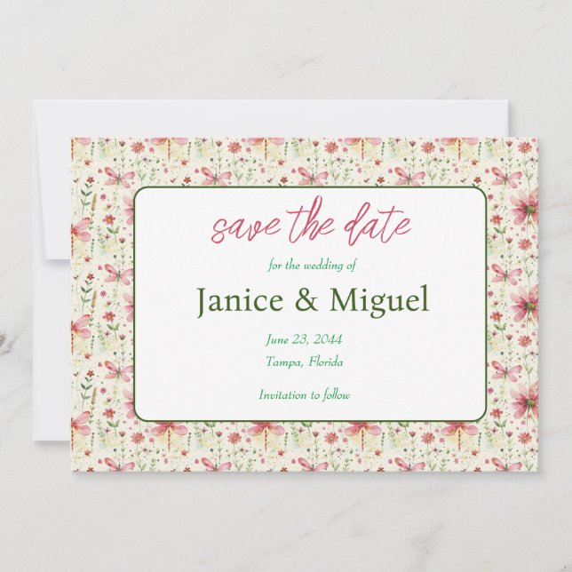 Flat  Floral Dragonfly Wedding Save The Date Card (Front)