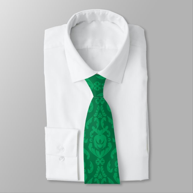 Flat Green Damask Pattern Tie (Tied)