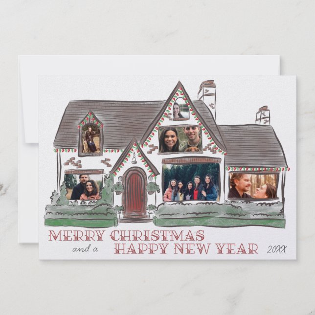 Flat Holiday Christmas House Family Card (Front)