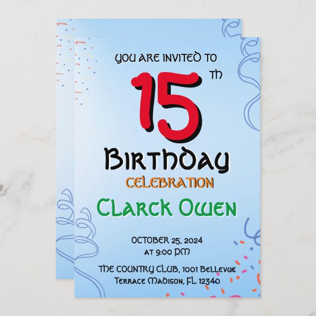 Flat Invitation, 15th Birthday  Invitation (Front/Back)