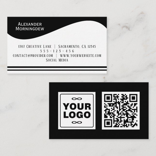 Flat Label Border - Wave white 1 - logo + QR code Business Card (Front/Back)