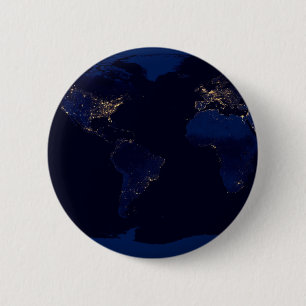 Flat Map Of Earth Showing City Lights Of World 6 Cm Round Badge