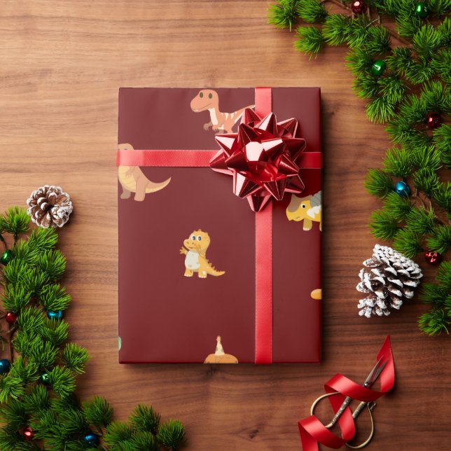 Flat Minimalist Cute Dinosaurs on Dark Red Wrapping Paper (Holiday Gift)