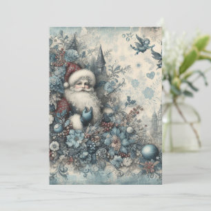 Flat Non-Photo Vintage Blue Santa Christmas Card