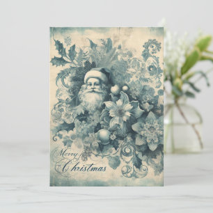 Flat Non-Photo Vintage Blue Santa Christmas Card