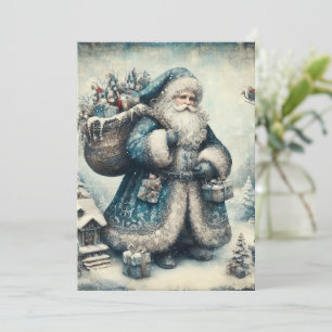 Flat Non-Photo Vintage Blue Santa Christmas Card