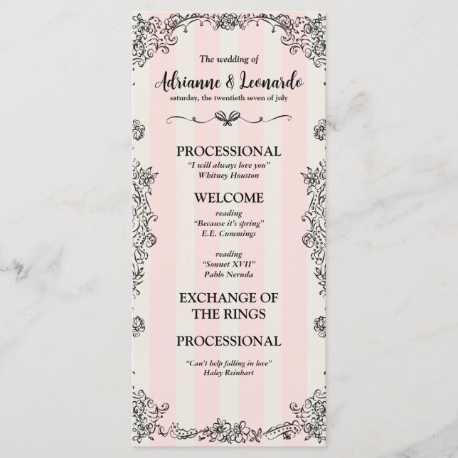 Flat Paris Chic Ornate Pink Stripes Wedding  Programme (Front)