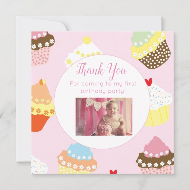 Flat Photo Birthday Thank You Card with Cupcakes (Front)