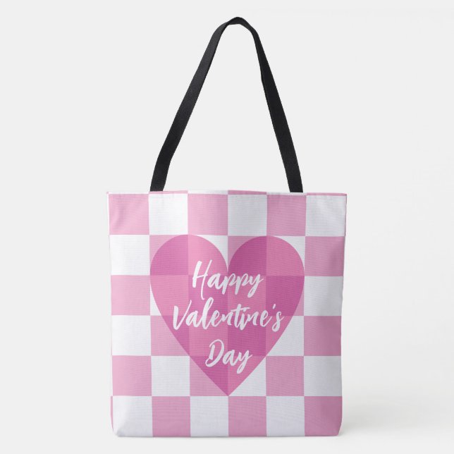 Flat Pink Chequered Heart Happy Valentine's Day Tote Bag (Front)