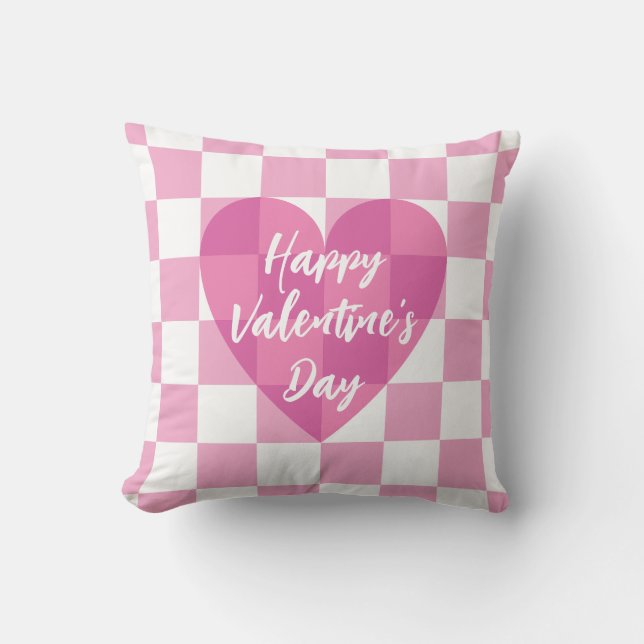Flat Pink Heart Check Happy Valentine's Day Cushion (Front)