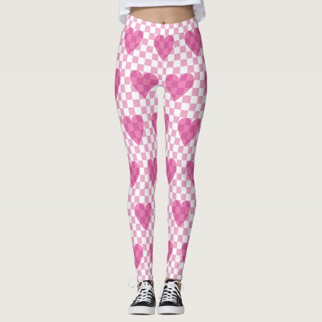Flat Pink Heart Check pattern Leggings (Front)