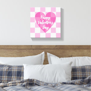 Flat Pink Heart Chequered Happy Valentine's Day Canvas Print