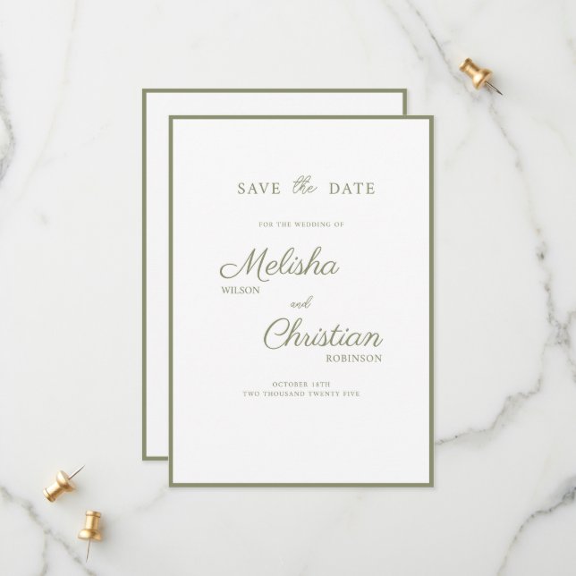 Flat Save The Date card for a wedding. (Front/Back In Situ)