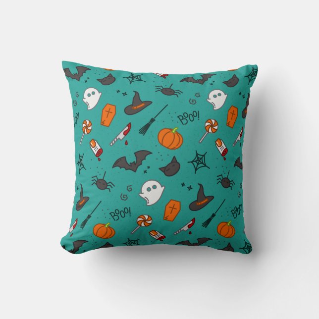 Flat-Style Halloween Turquoise Pattern. Cushion (Front)