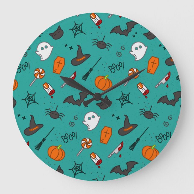 Flat-Style Halloween Turquoise Pattern. Large Clock (Front)