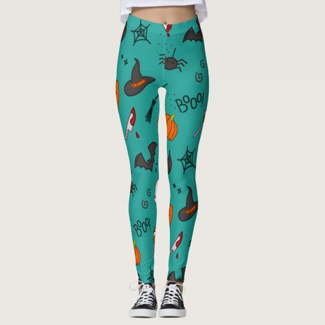 Flat-Style Halloween Turquoise Pattern. Leggings (Front)