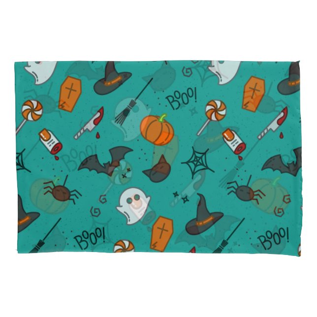 Flat-Style Halloween Turquoise Pattern. Pillowcase (Front)