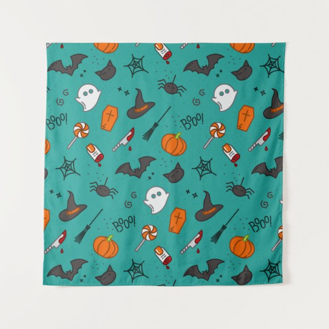 Flat-Style Halloween Turquoise Pattern. Tapestry (Front)