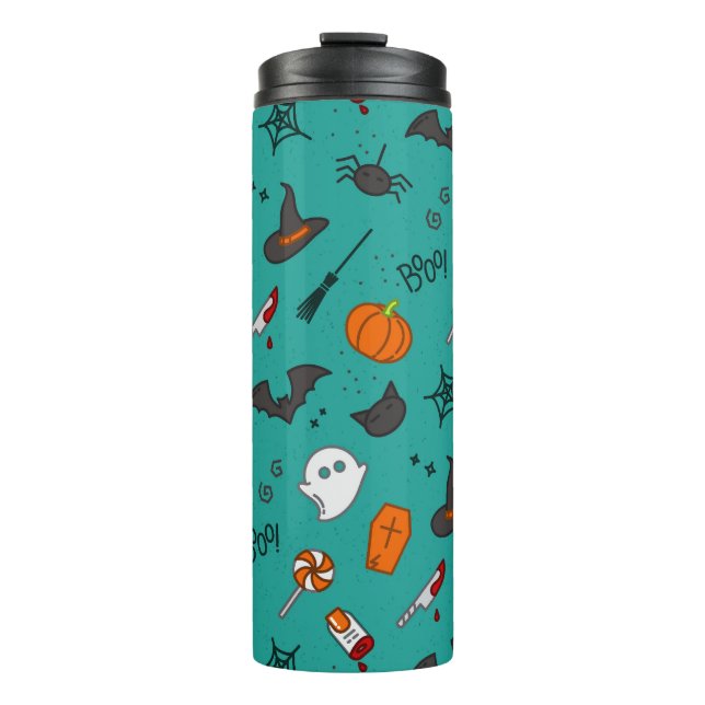Flat-Style Halloween Turquoise Pattern. Thermal Tumbler (Front)