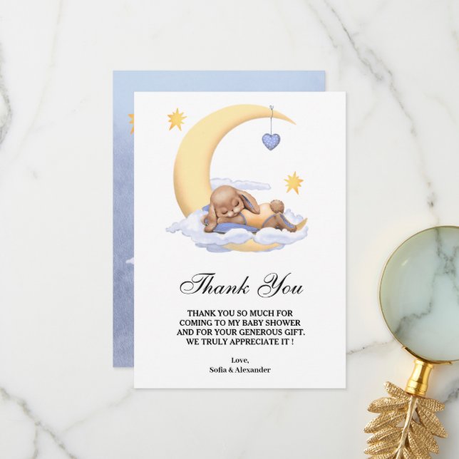 Flat Thank You Baby Shower Card with  bunny.  (Front/Back In Situ)