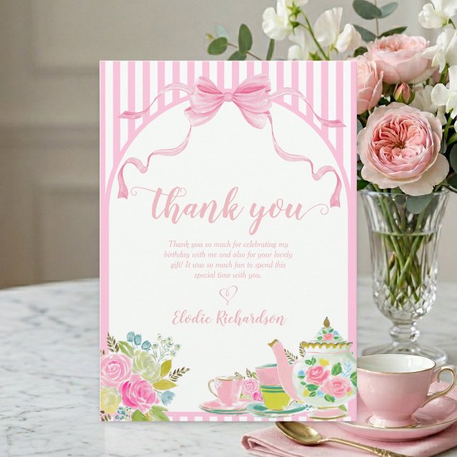 Flat Thank You Card (let's par-tea pink coquette bow floral stripe custom birthday party thank you card)