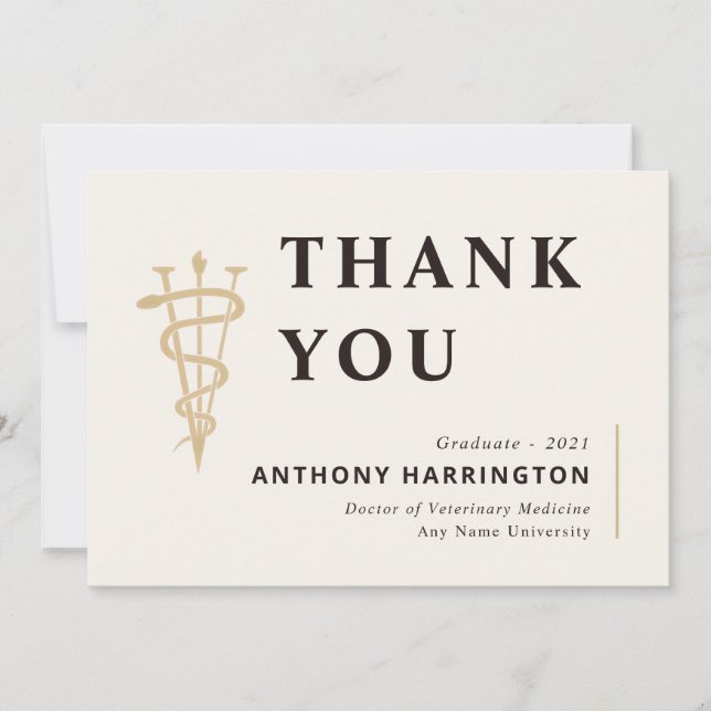 Flat Veterinary Symbol Black Gold Thank You Card (Front)