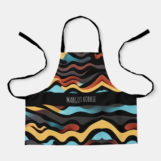 Flat Waves Yellow Blue Retro Geometric Pattern Apron (Front)