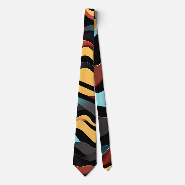 Flat Waves Yellow Blue Retro Geometric Pattern Tie (Front)
