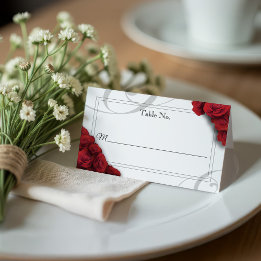 Flat Wedding Place Card with Red Roses