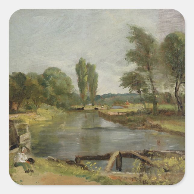 Flatford Lock, 1810-11 (oil on paper on canvas) Square Sticker (Front)
