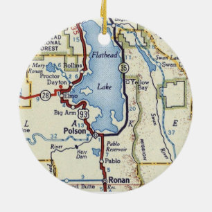Flathead Lake MT Vintage Map Ceramic Tree Decoration