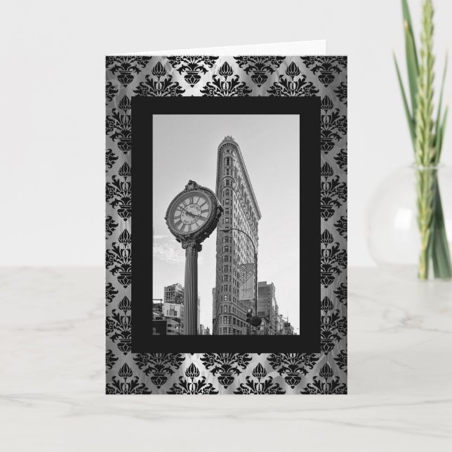 Flatiron Building and Clock in Black and White 2 Card (Front)