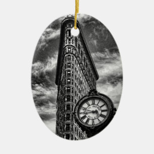 Flatiron Building and Clock in Black and White Ceramic Tree Decoration