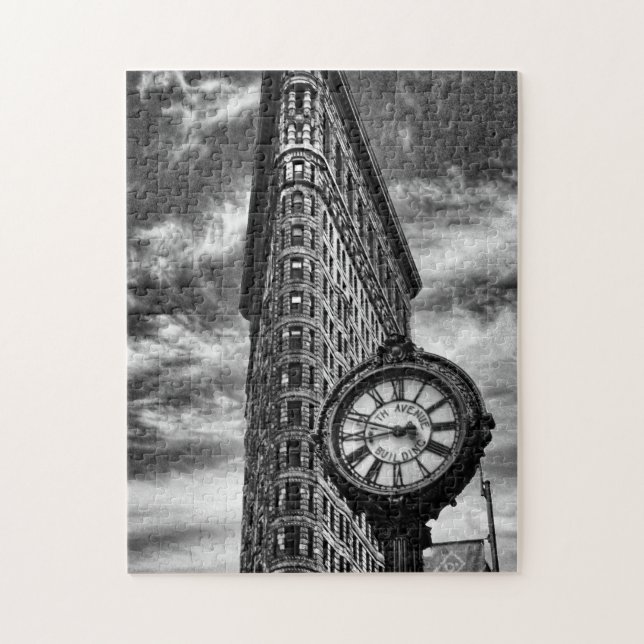 Flatiron Building and Clock in Black and White Jigsaw Puzzle (Vertical)