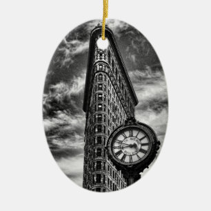 Flatiron Building and Clock in Black and White O Ceramic Tree Decoration