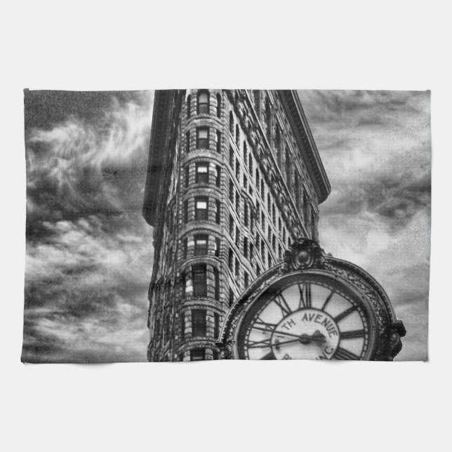 Flatiron Building and Clock in Black and White Tea Towel (Horizontal)