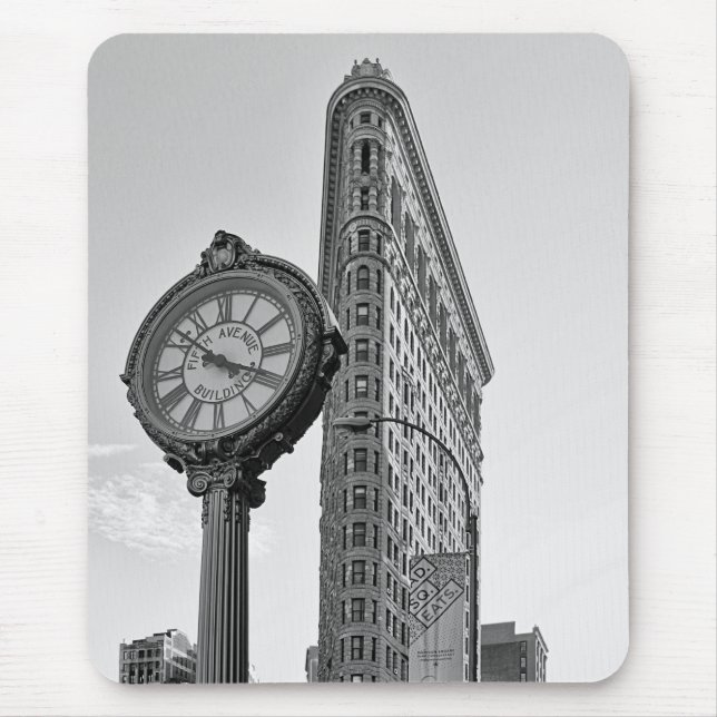 Flatiron Building and Clock in Black White #2 Mouse Mat (Front)