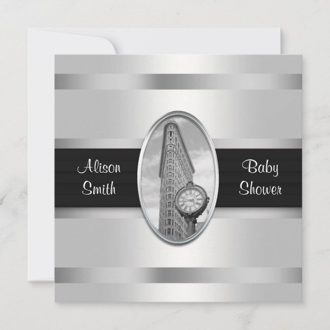 Flatiron Building Invite White Silver BW Baby Show (Front)