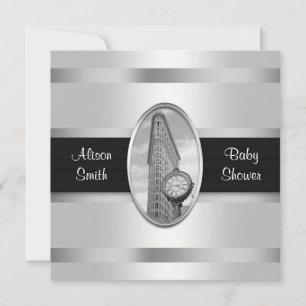 Flatiron Building Invite White Silver BW Baby Show
