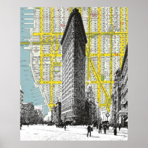 Flatiron Building vintage landmark  NYC Map backgr Poster