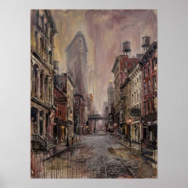Flatiron District Street With Cobblestone Tracks Poster (Front)